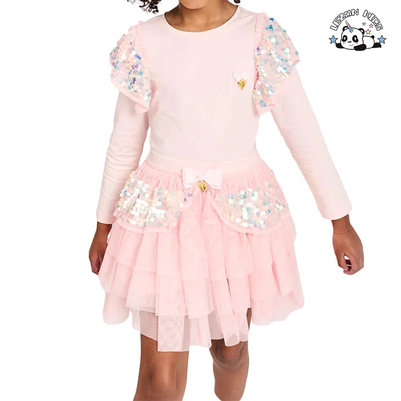LEZONKIDS - Conjuntos de Roupas para Meninas com Estilo Americano Fashion, Top e Saia com Lantejoulas e Rede